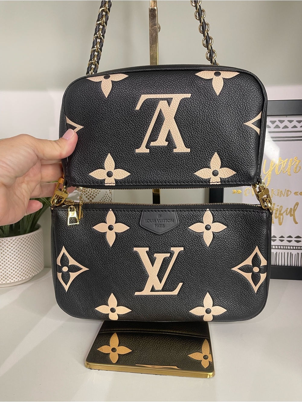 Louis Vuitton Black & Cream Large Monogram Chain Pochette - Picture 2 of 9